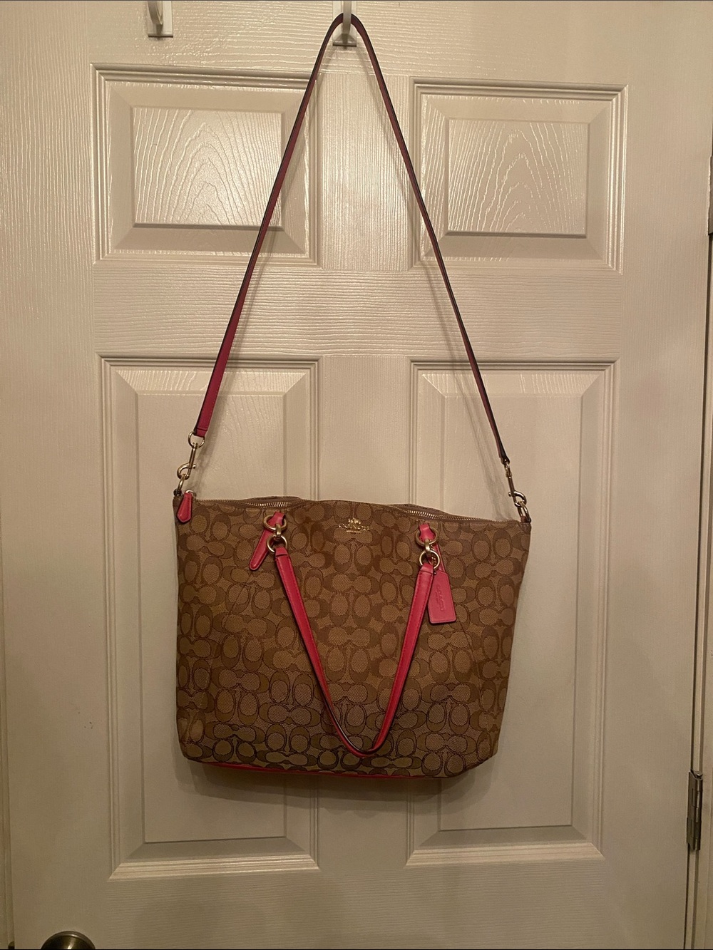 Coach Brown Signature Tote with Pink Trim and Strap